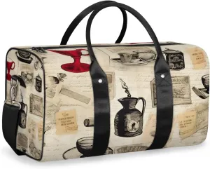 Coffee Theme Travel Duffle Bag for Women Men Gym Duffel Foldable Bag Waterproof Weekender Vintage Cup Duffle Tote