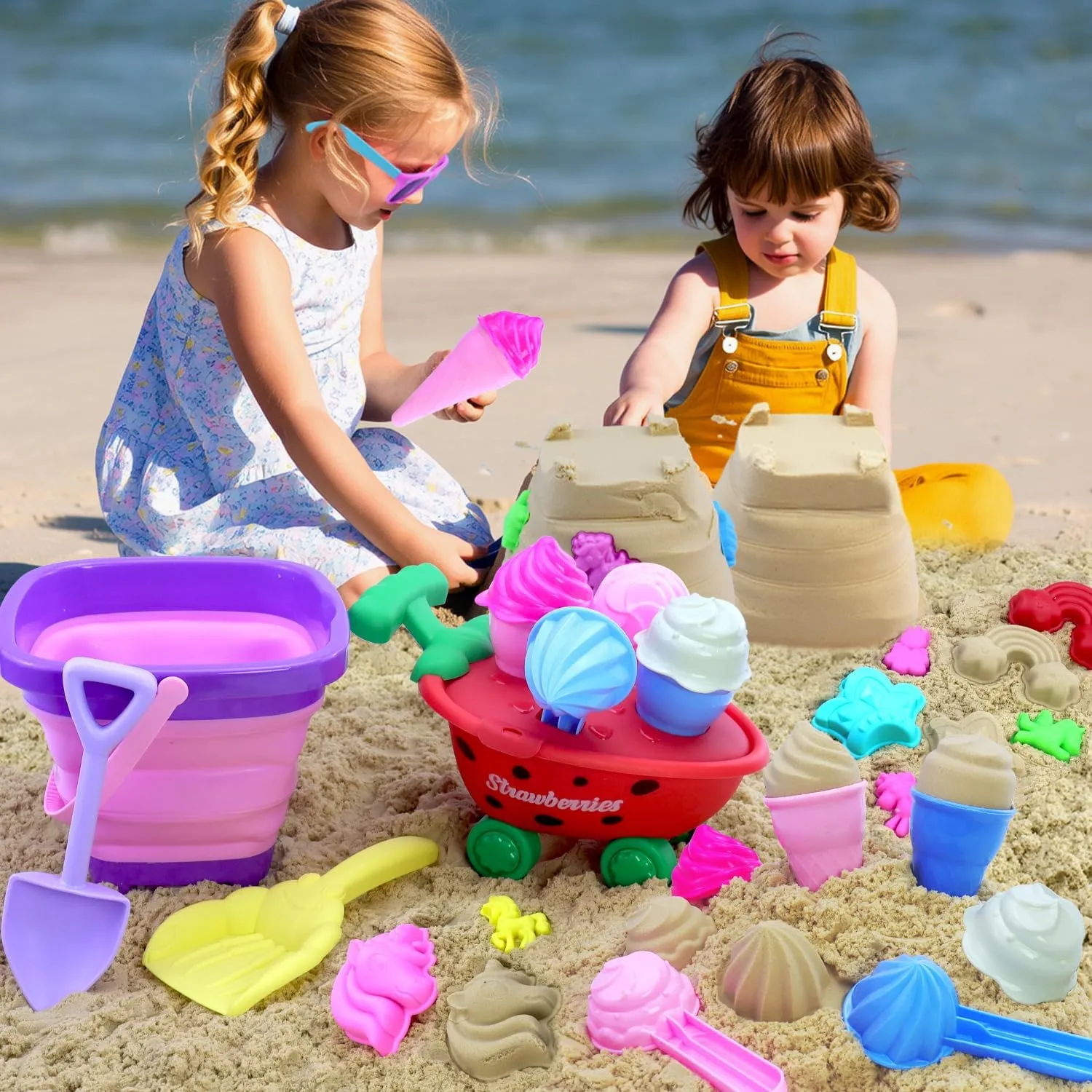 Collapsible Beach Toys Set for Kids 3-5|22 PCS Ice Cream Sand Toys with Collapsible Beach Bucket|Unicorn Sand Mold|Strawberry Ice Cream Cart|Mesh Bag|Sand Sandbox|Trave Beach Toys for Toddlers Girls