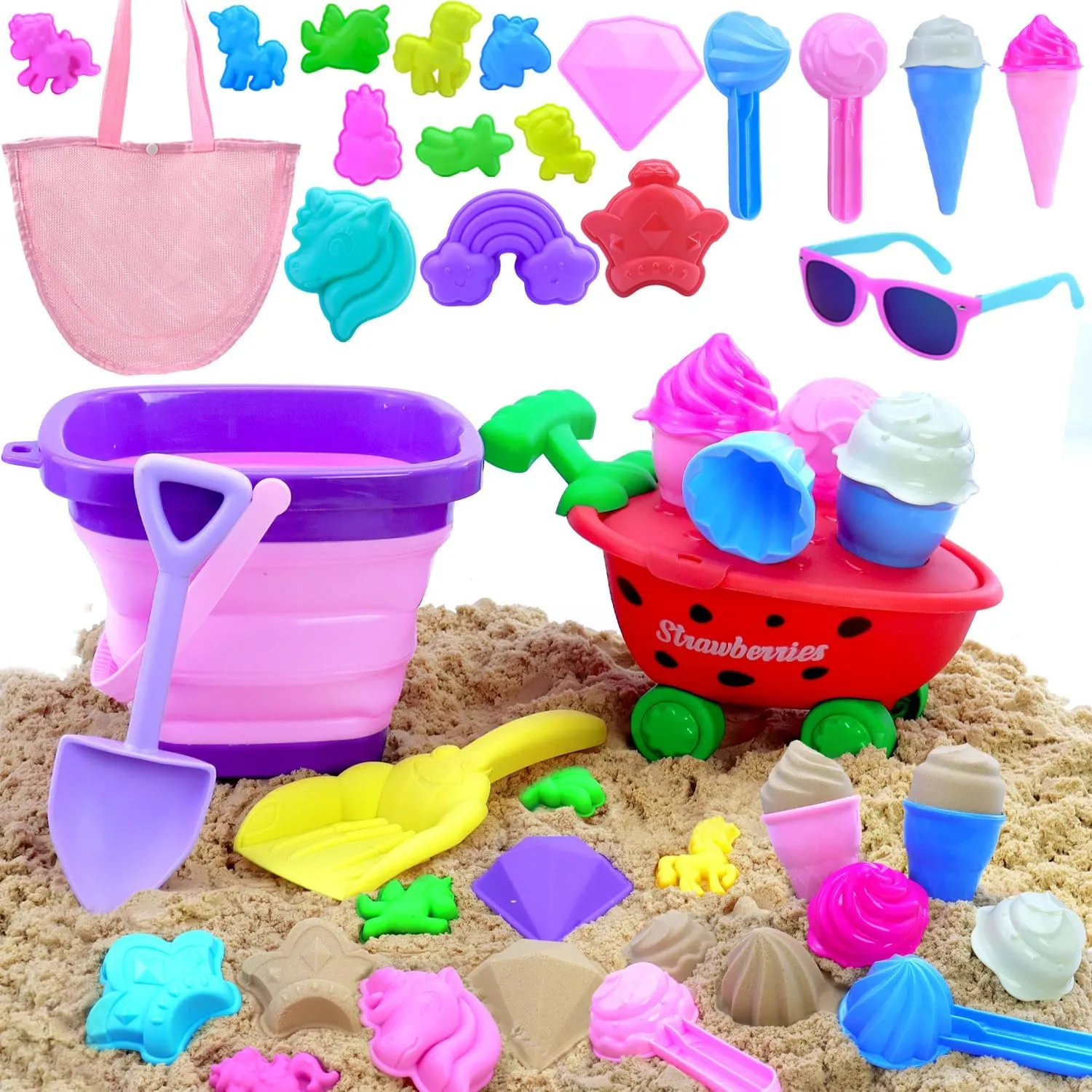 Collapsible Beach Toys Set for Kids 3-5|22 PCS Ice Cream Sand Toys with Collapsible Beach Bucket|Unicorn Sand Mold|Strawberry Ice Cream Cart|Mesh Bag|Sand Sandbox|Trave Beach Toys for Toddlers Girls