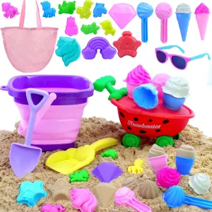 Collapsible Beach Toys Set for Kids 3-5|22 PCS Ice Cream Sand Toys with Collapsible Beach Bucket|Unicorn Sand Mold|Strawberry Ice Cream Cart|Mesh Bag|Sand Sandbox|Trave Beach Toys for Toddlers Girls
