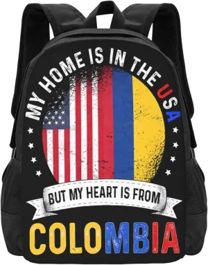 Colombian American Patriot Heart is From Colombia Flag Casual Backpack Large Capacity Backpacks 15 Inch Laptop Back Pack Travel Rucksack Daypack Commuter Bag with Adjustable Strap for Camping