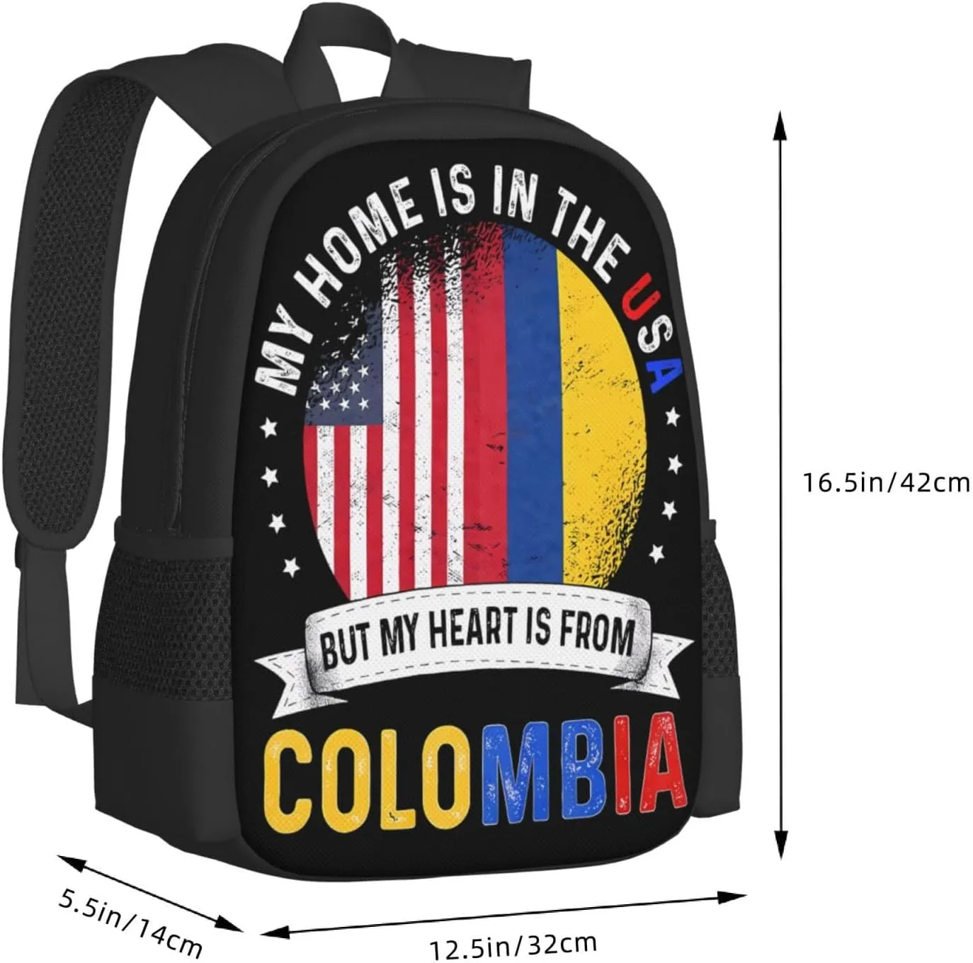 Colombian American Patriot Heart is From Colombia Flag Casual Backpack Large Capacity Backpacks 15 Inch Laptop Back Pack Travel Rucksack Daypack Commuter Bag with Adjustable Strap for Camping