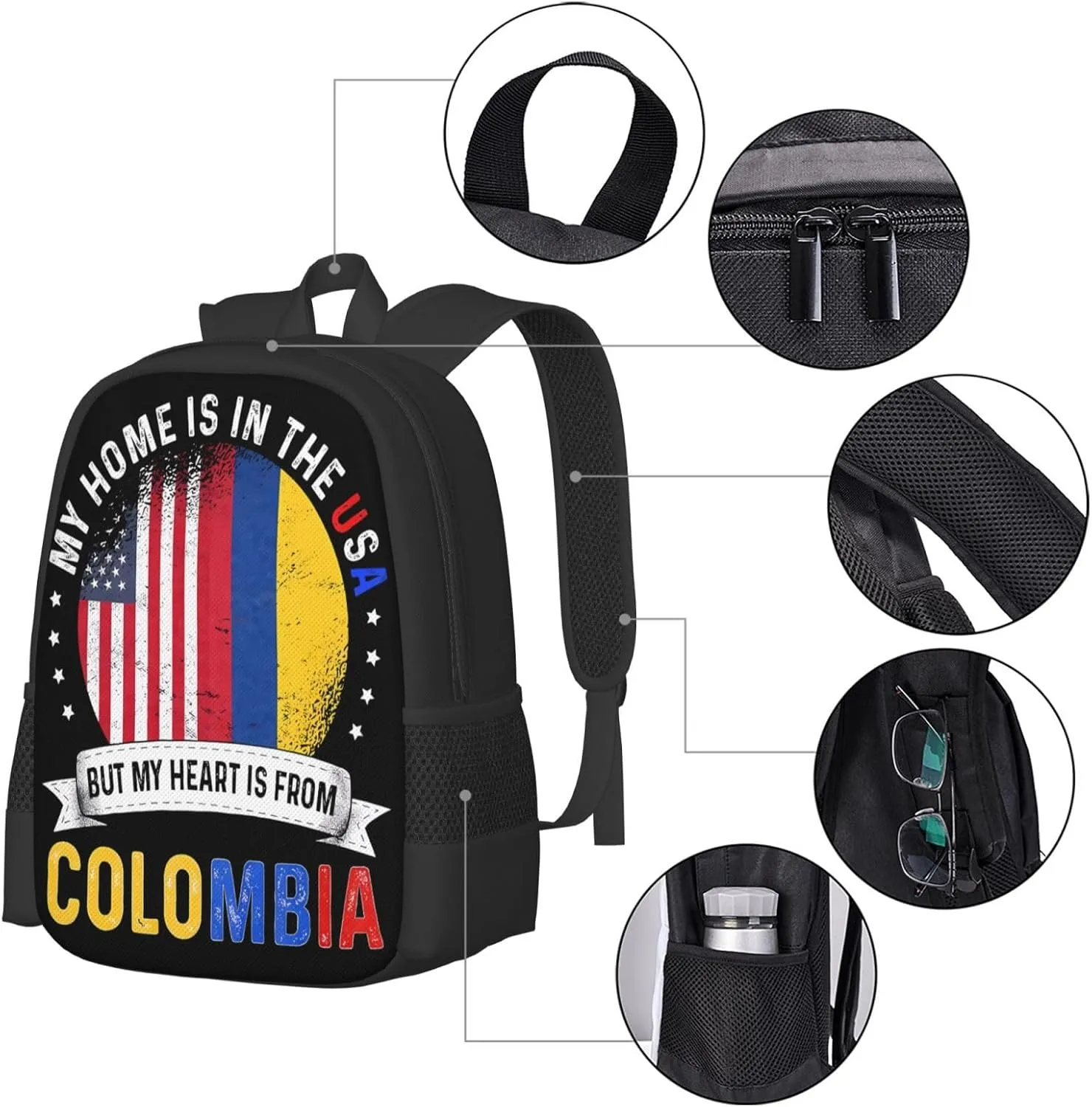 Colombian American Patriot Heart is From Colombia Flag Casual Backpack Large Capacity Backpacks 15 Inch Laptop Back Pack Travel Rucksack Daypack Commuter Bag with Adjustable Strap for Camping
