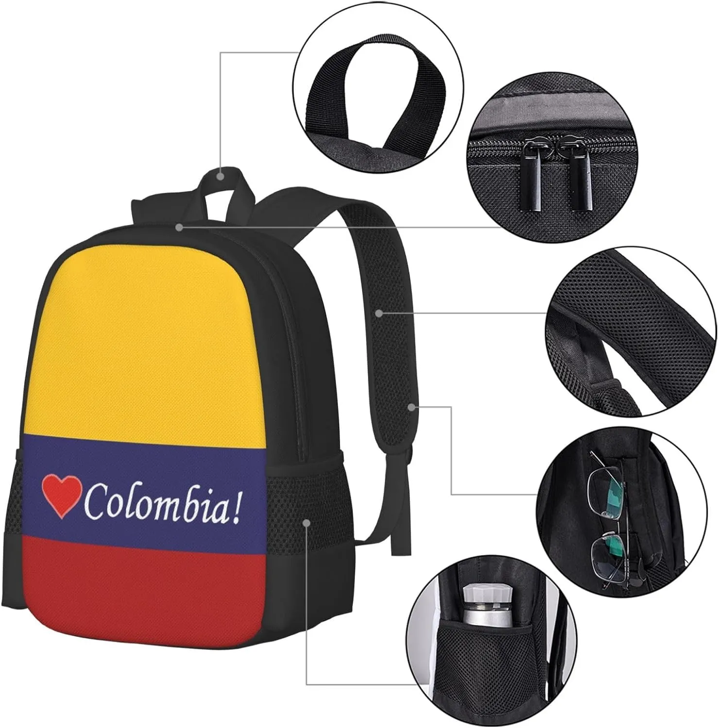 Colombian Colombia Flag Casual Backpack Large Capacity Backpacks 15 Inch Laptop Back Pack Travel Rucksack Daypack Commuter Bags with Adjustable Strap for Camping