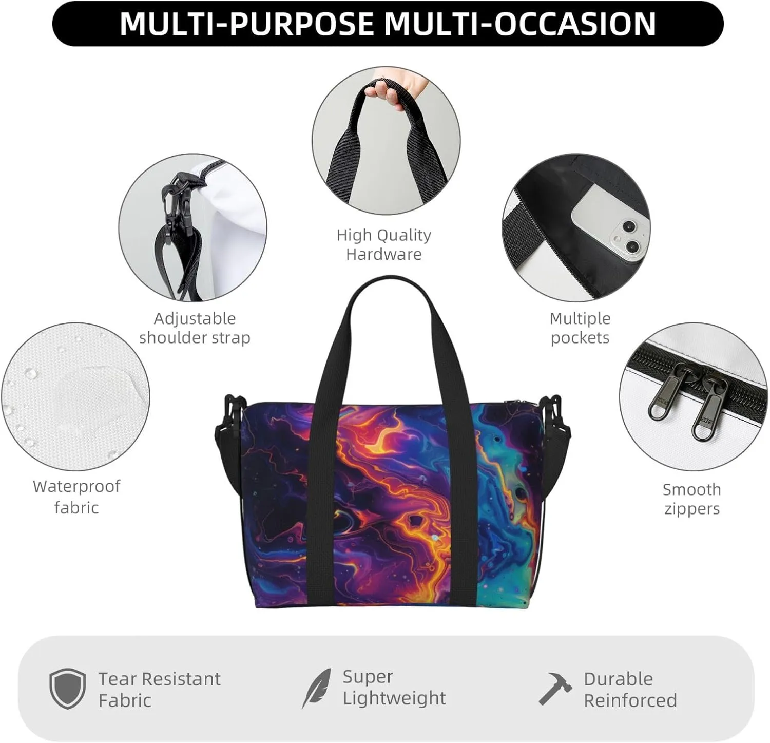 colorful abstract print Travel Duffel Bag, Sports Tote Gym Bag, Swim Pool Bag Large Shoulder Tote Bag for Beach Weekender