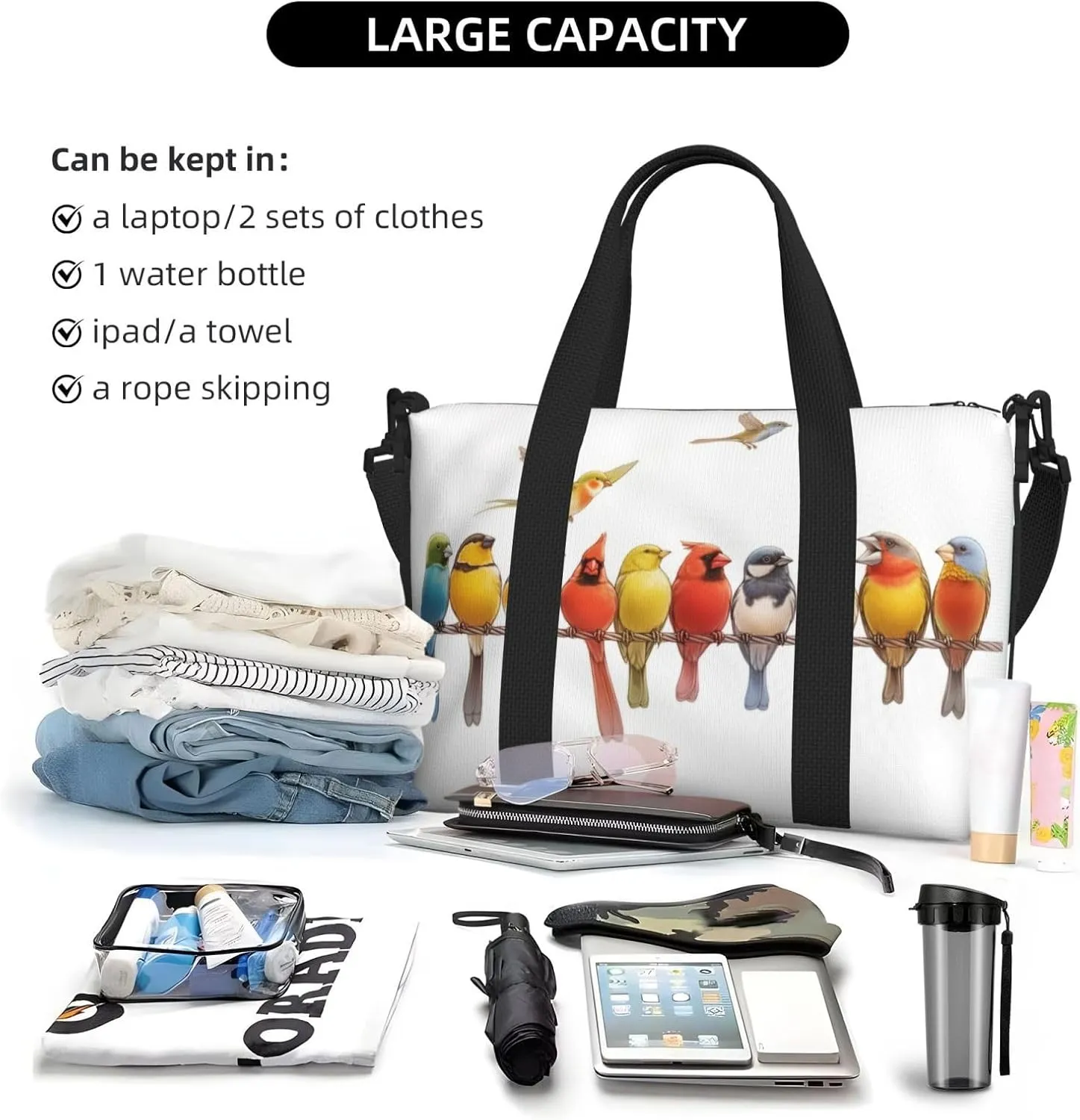 colorful birds art print Travel Duffel Bag, Sports Tote Gym Bag, Swim Pool Bag Large Shoulder Tote Bag for Beach Weekender