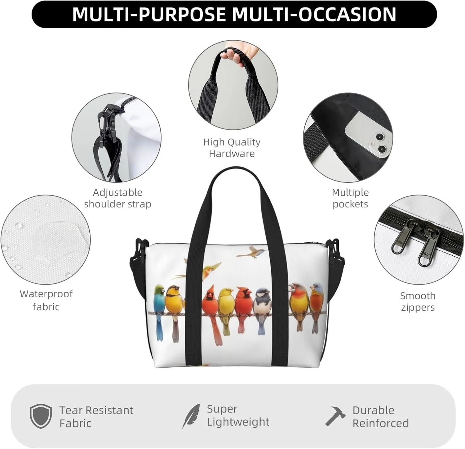 colorful birds art print Travel Duffel Bag, Sports Tote Gym Bag, Swim Pool Bag Large Shoulder Tote Bag for Beach Weekender