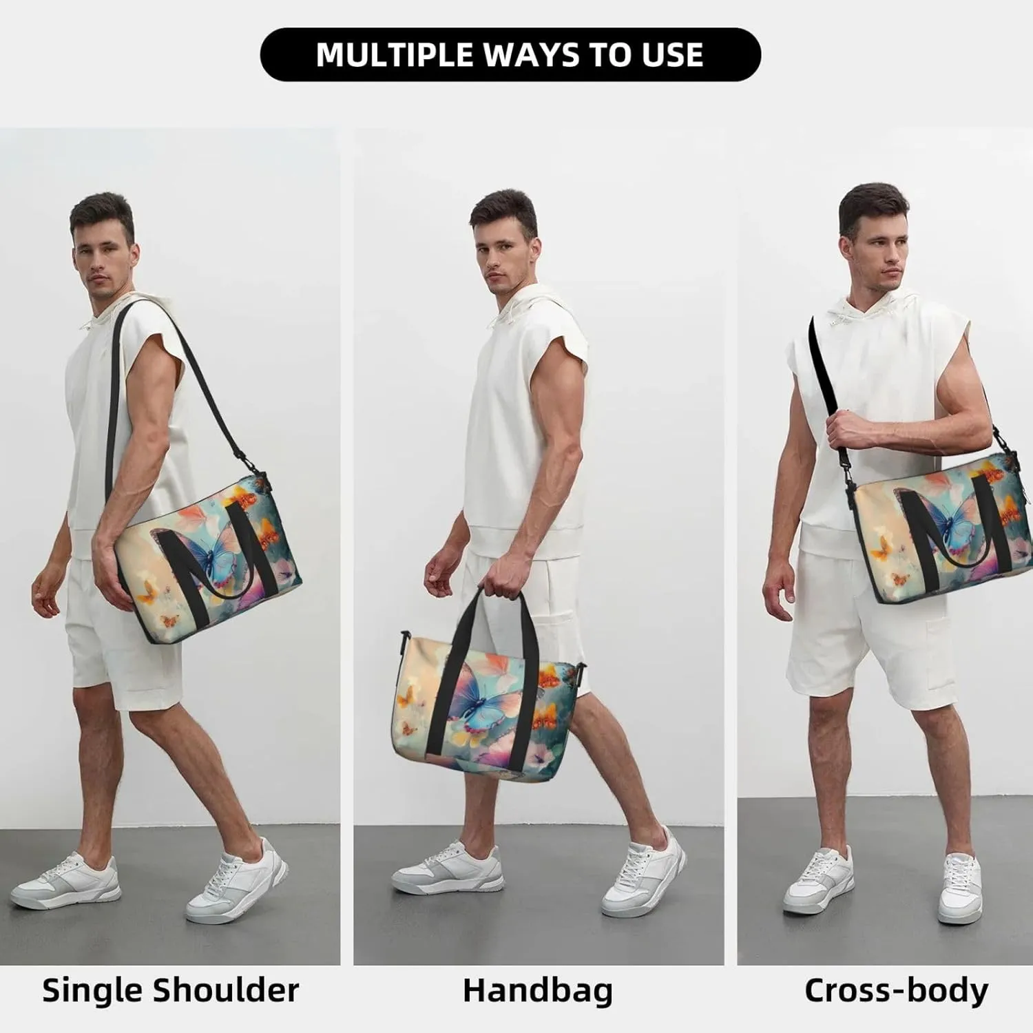 colorful butterflies flowers print Travel Duffel Bag, Sports Tote Gym Bag, Swim Pool Bag Large Shoulder Tote Bag for Beach Weekender