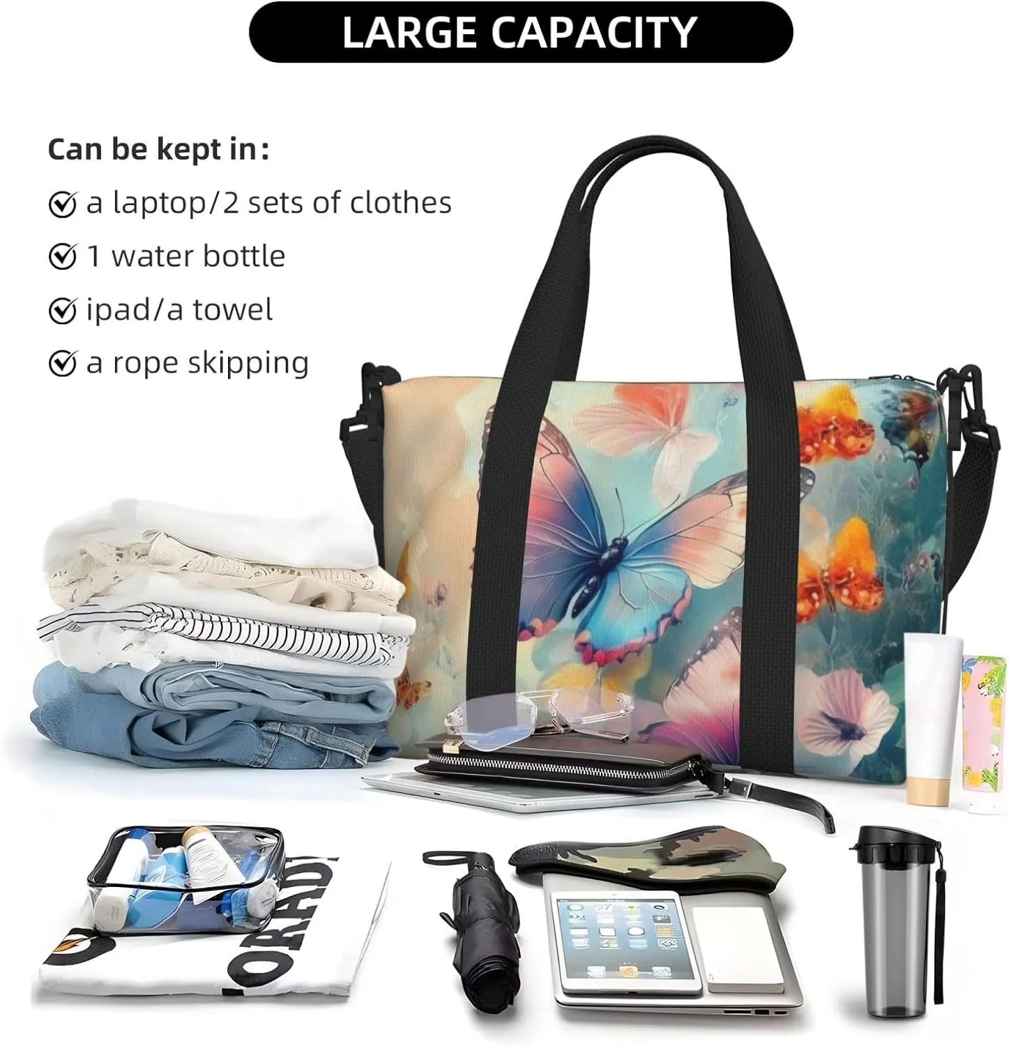 colorful butterflies flowers print Travel Duffel Bag, Sports Tote Gym Bag, Swim Pool Bag Large Shoulder Tote Bag for Beach Weekender