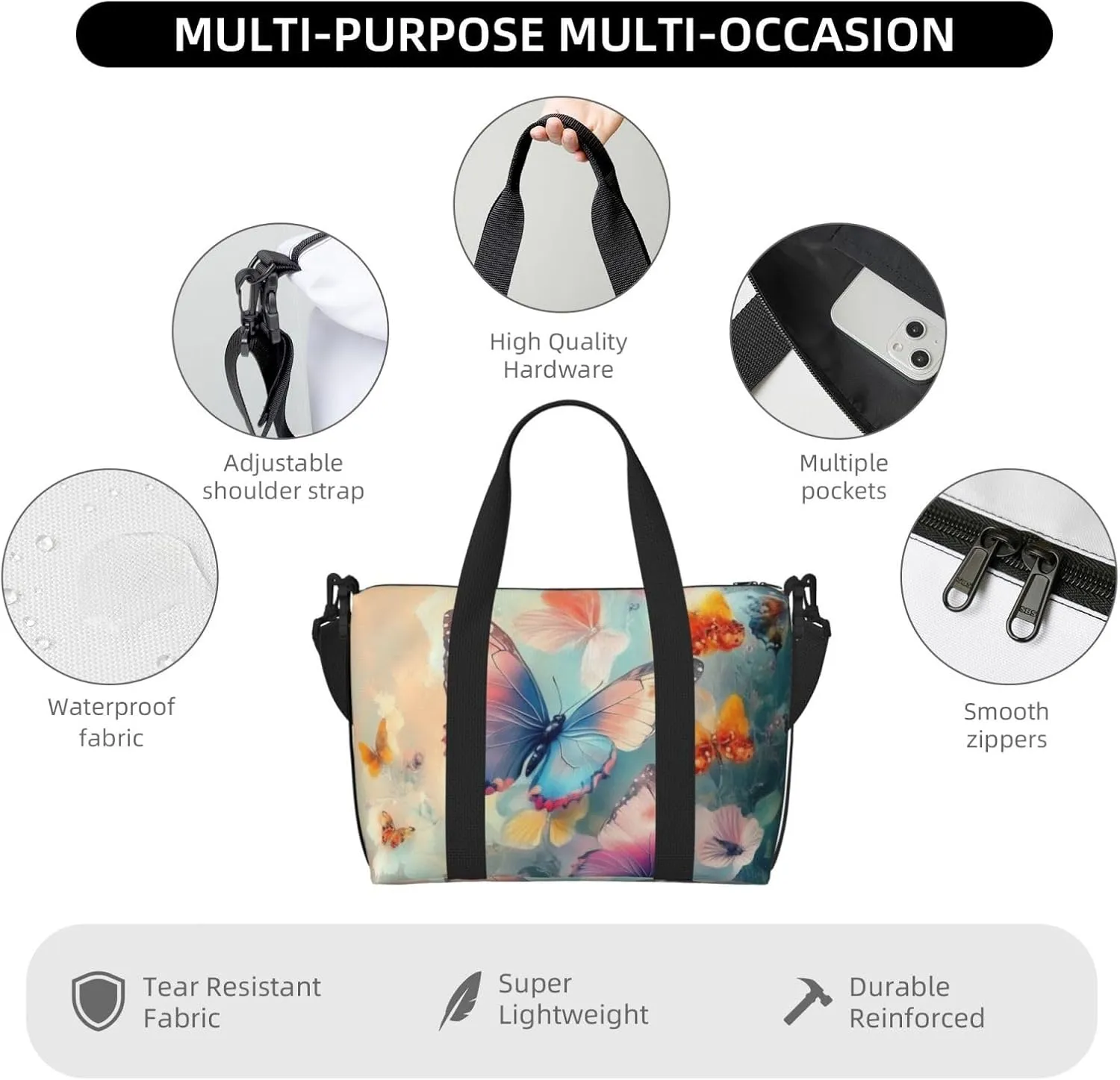 colorful butterflies flowers print Travel Duffel Bag, Sports Tote Gym Bag, Swim Pool Bag Large Shoulder Tote Bag for Beach Weekender