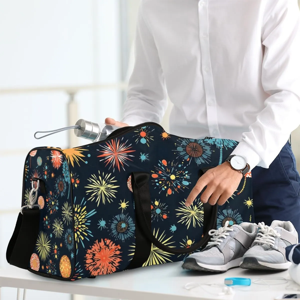 Colorful Fireworks Travel Duffle Bag for Women Men Gym Duffel Foldable Bag Waterproof Weekender 4th of July Duffle Tote