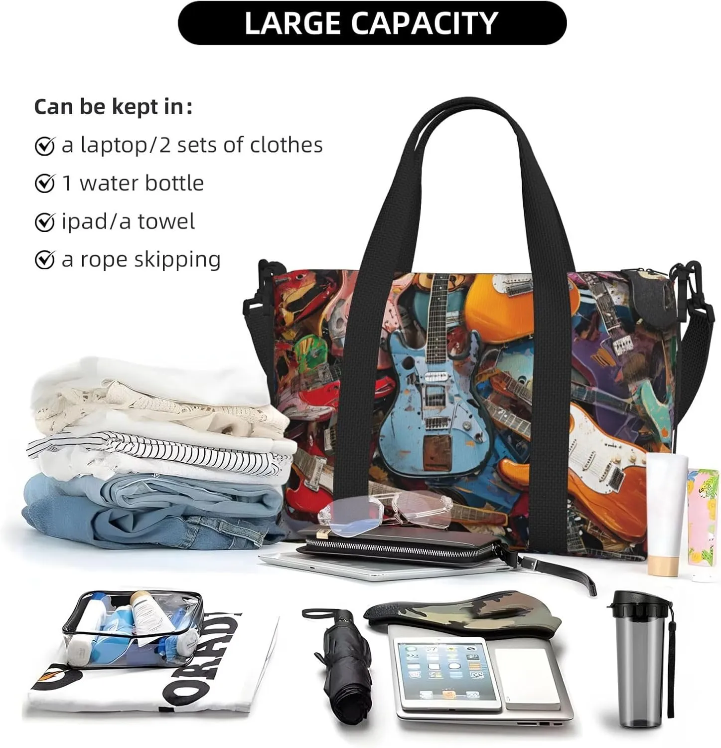 colorful guitars print Travel Duffel Bag, Sports Tote Gym Bag, Swim Pool Bag Large Shoulder Tote Bag for Beach Weekender, 202-406-121