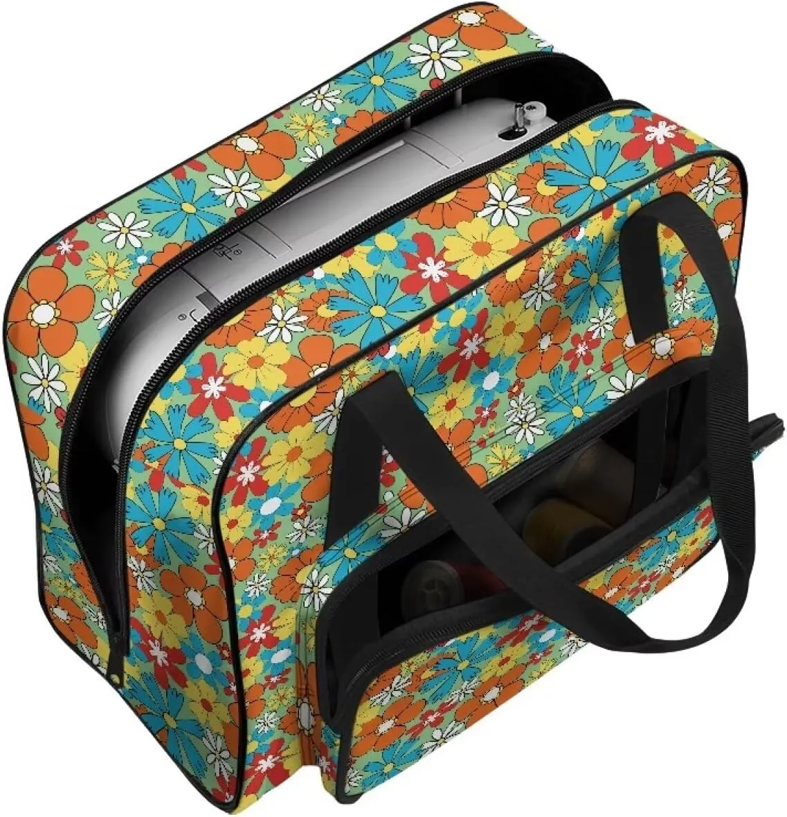 Colorful Hippie Flower American Home Sewing Bag Tote Bag Organizer Sewing Supplies and Accessories，Fits Most Sewing Machines