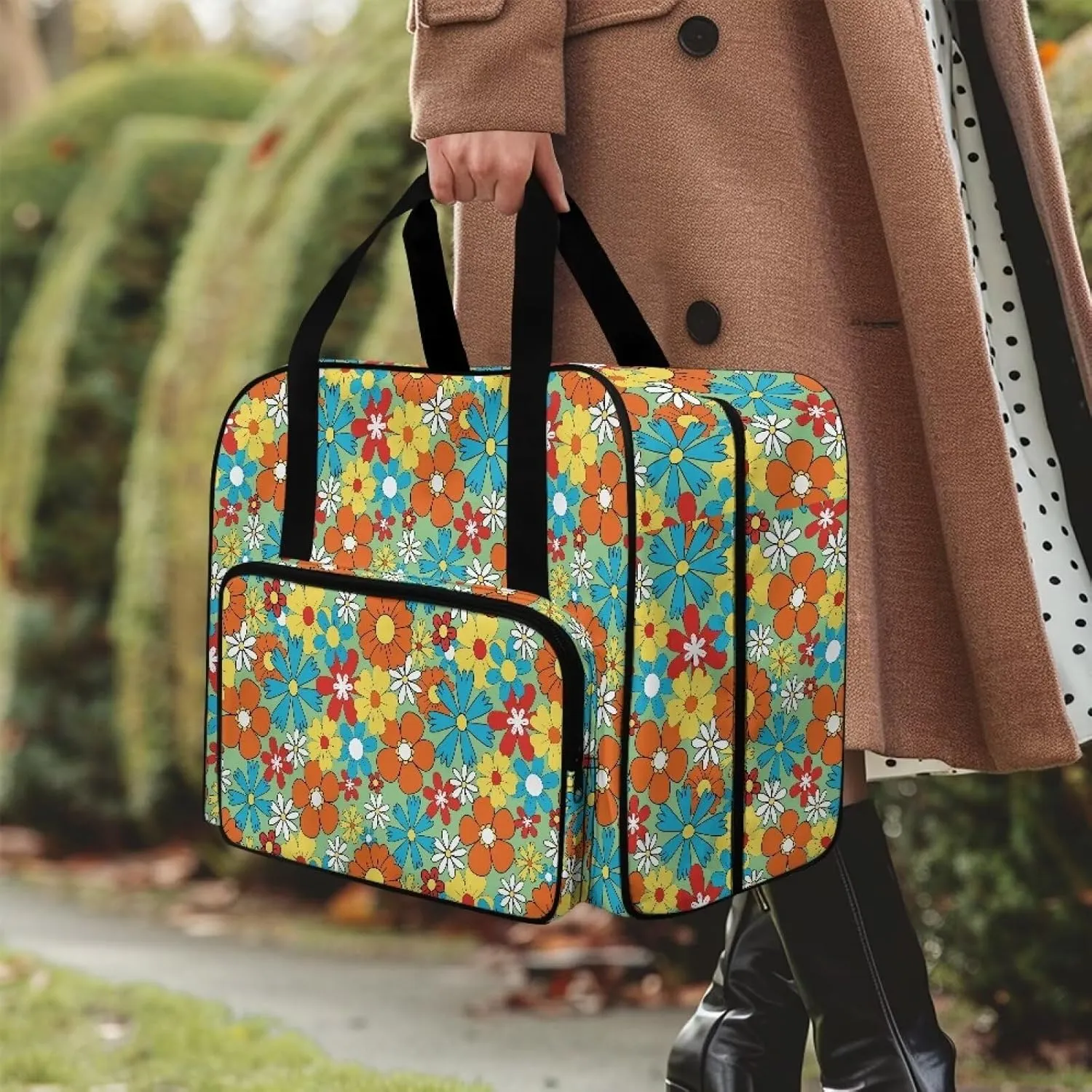 Colorful Hippie Flower American Home Sewing Bag Tote Bag Organizer Sewing Supplies and Accessories，Fits Most Sewing Machines