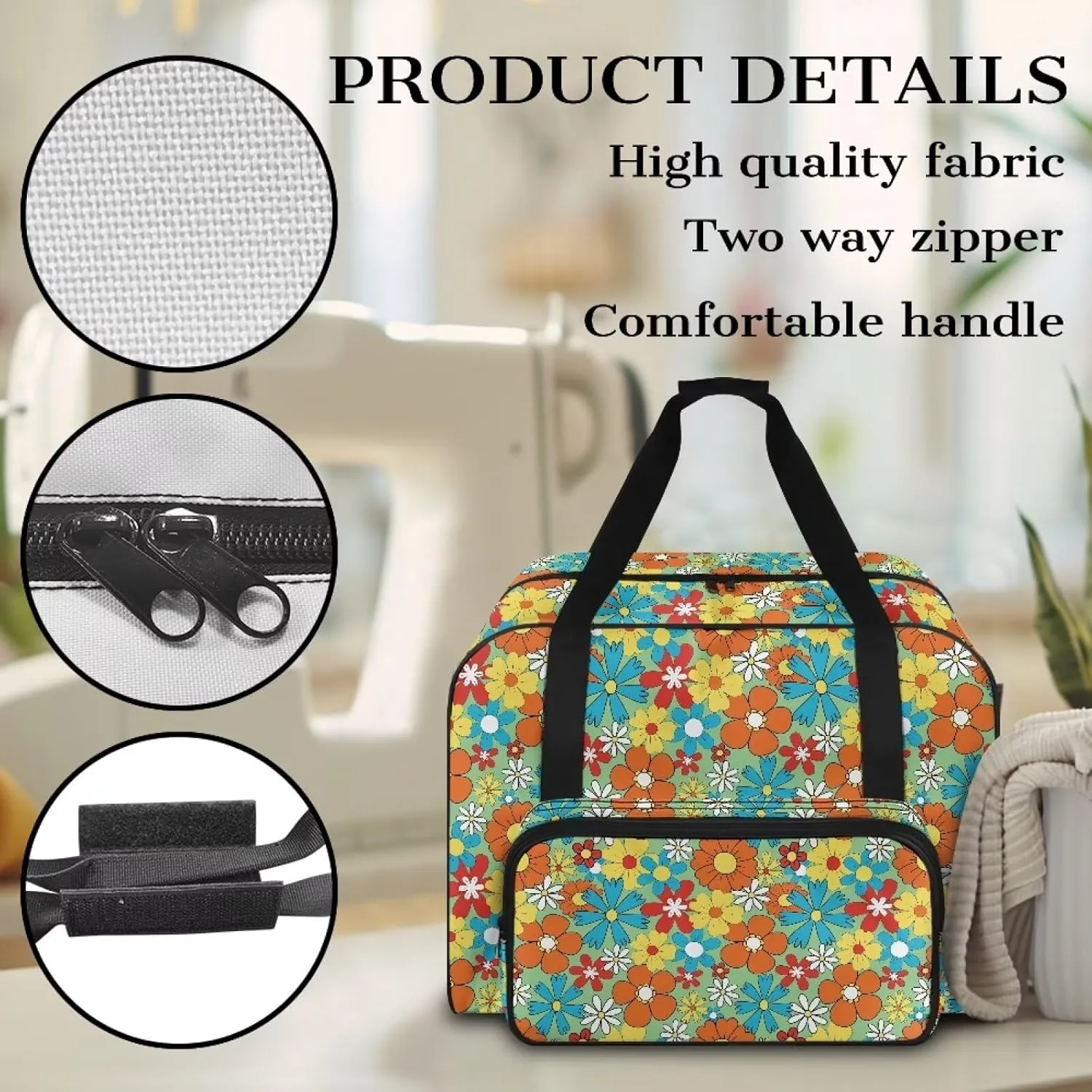 Colorful Hippie Flower American Home Sewing Bag Tote Bag Organizer Sewing Supplies and Accessories，Fits Most Sewing Machines