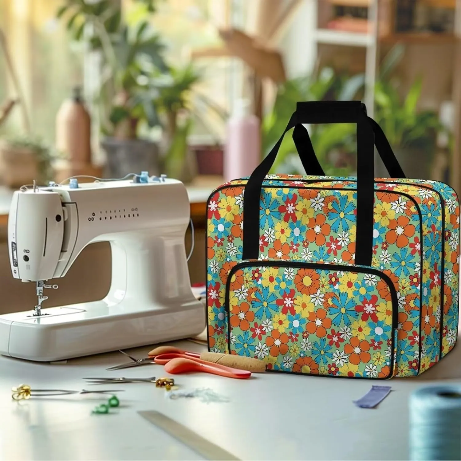 Colorful Hippie Flower American Home Sewing Bag Tote Bag Organizer Sewing Supplies and Accessories，Fits Most Sewing Machines