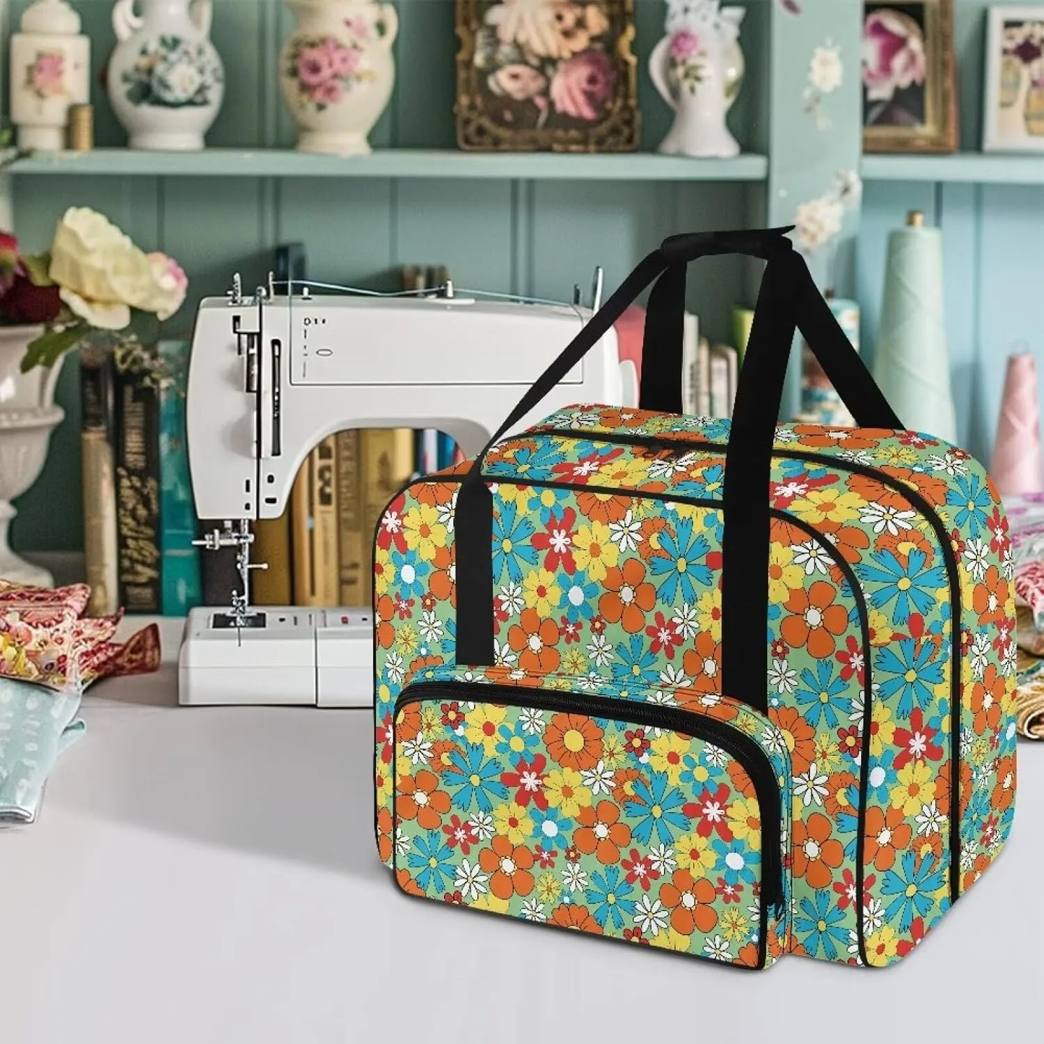 Colorful Hippie Flower American Home Sewing Bag Tote Bag Organizer Sewing Supplies and Accessories，Fits Most Sewing Machines
