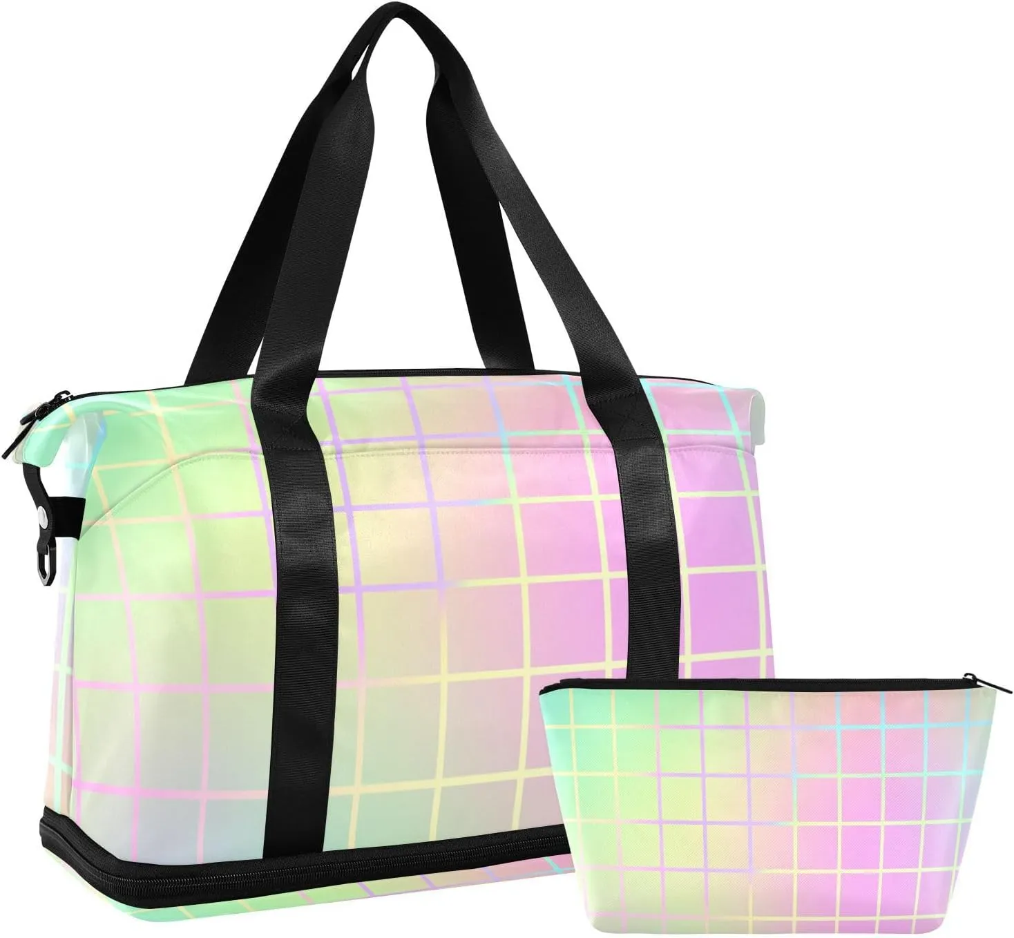 Colorful Laser Design Stripes Travel Tote Bag Sports Duffel Bags with Toiletry Bag for Airplane Traveling 2 Pcs Set