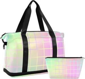Colorful Laser Design Stripes Travel Tote Bag Sports Duffel Bags with Toiletry Bag for Airplane Traveling 2 Pcs Set