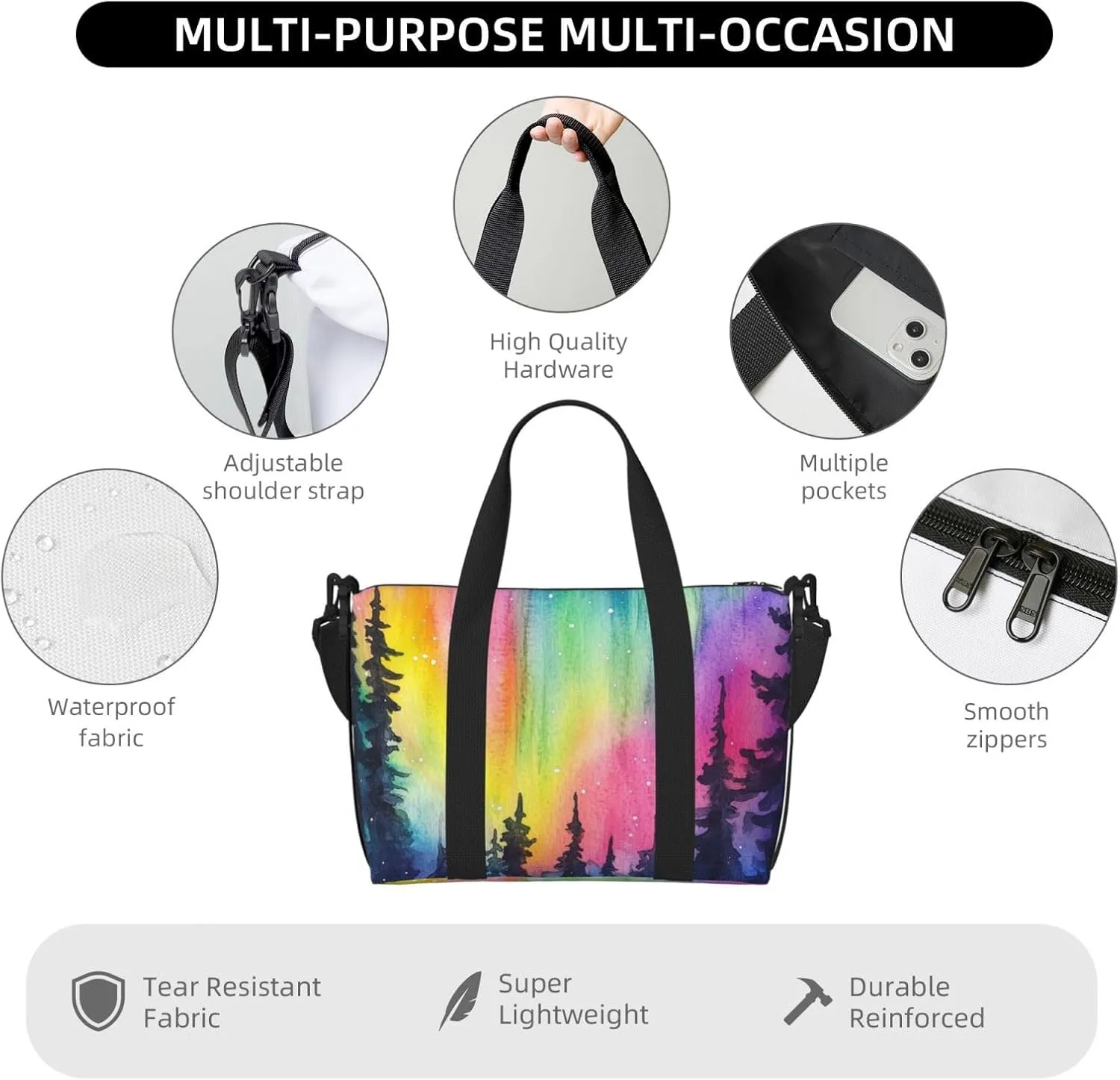 colorful northern lights print Travel Duffel Bag, Sports Tote Gym Bag, Swim Pool Bag Large Shoulder Tote Bag for Beach Weekender