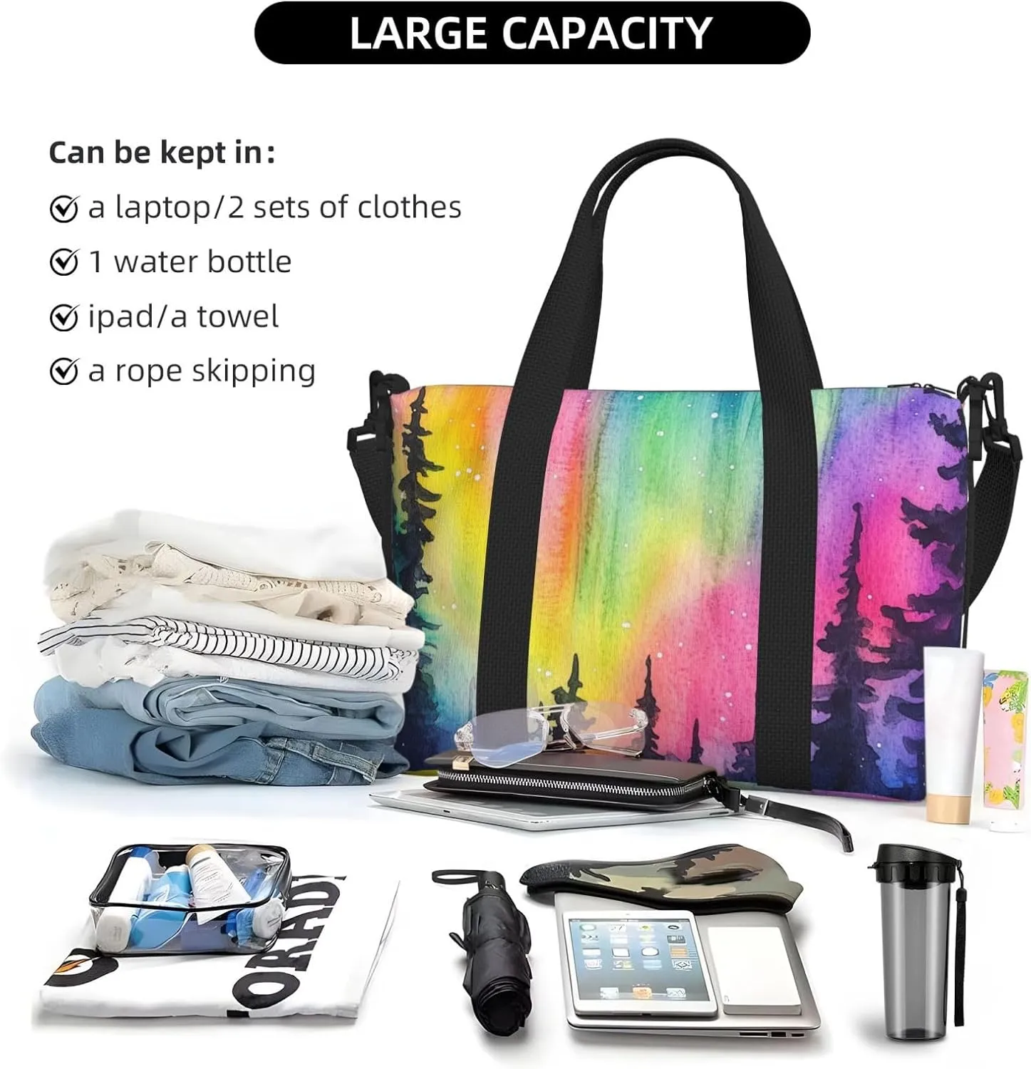 colorful northern lights print Travel Duffel Bag, Sports Tote Gym Bag, Swim Pool Bag Large Shoulder Tote Bag for Beach Weekender