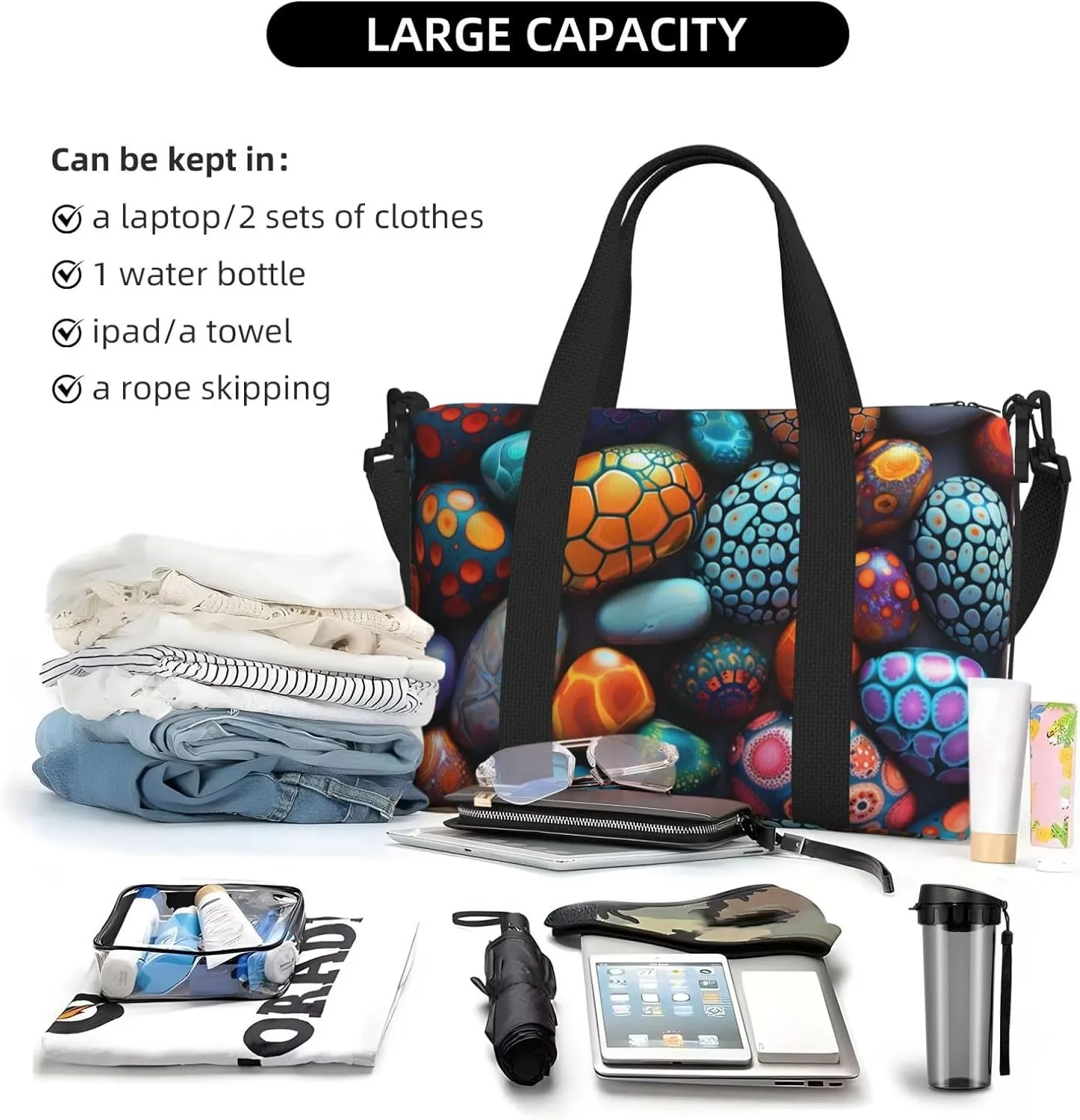 Colorful pebbles with intricate print Travel Duffel Bag, Sports Tote Gym Bag, Swim Pool Bag Large Shoulder Tote Bag for Beach Weekender