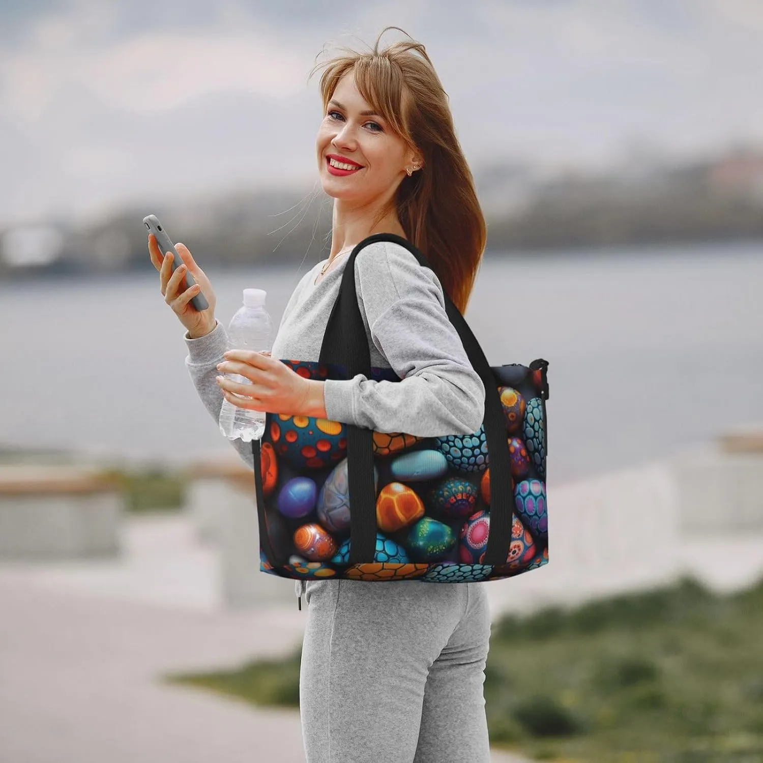 Colorful pebbles with intricate print Travel Duffel Bag, Sports Tote Gym Bag, Swim Pool Bag Large Shoulder Tote Bag for Beach Weekender