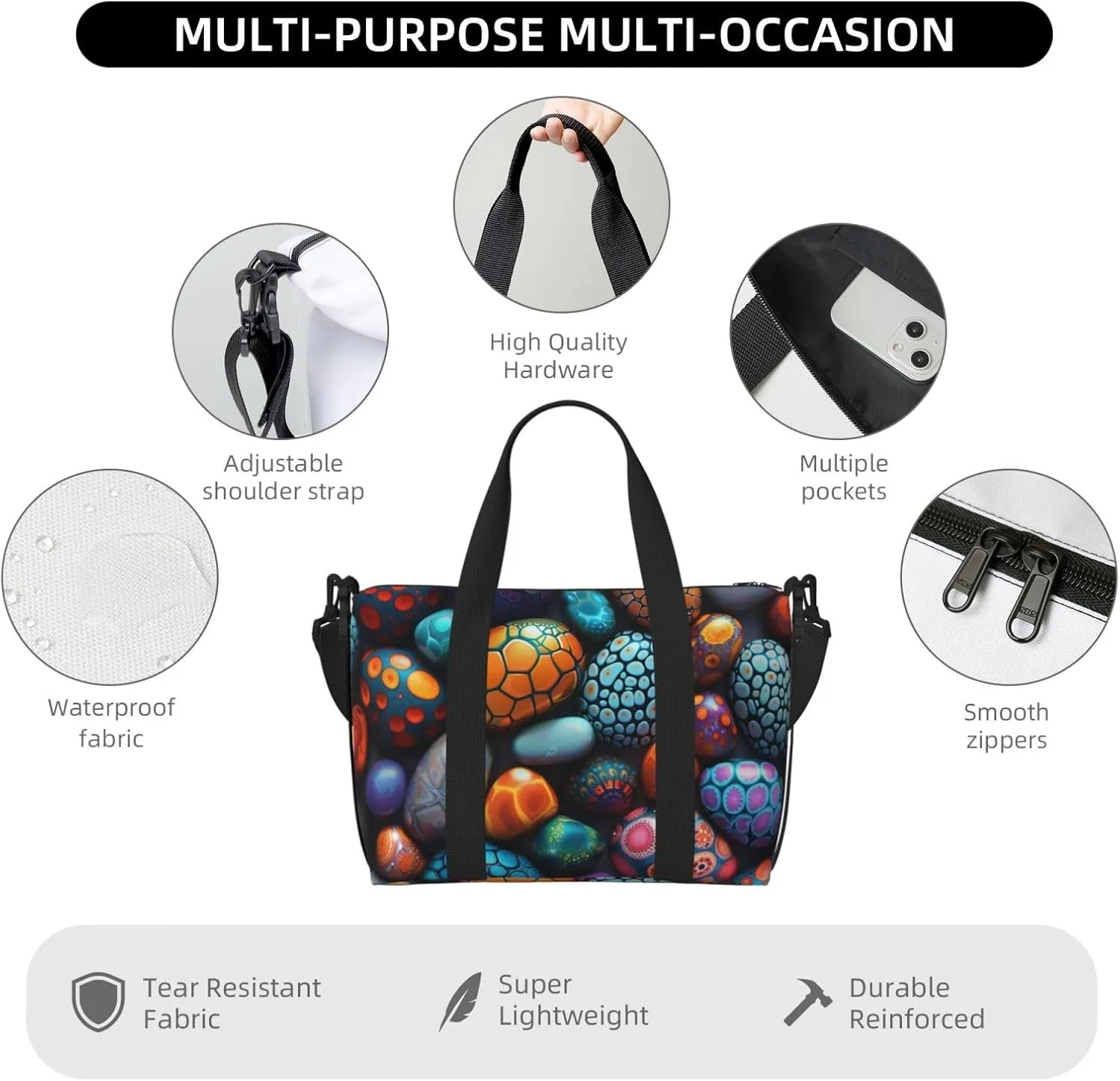 Colorful pebbles with intricate print Travel Duffel Bag, Sports Tote Gym Bag, Swim Pool Bag Large Shoulder Tote Bag for Beach Weekender