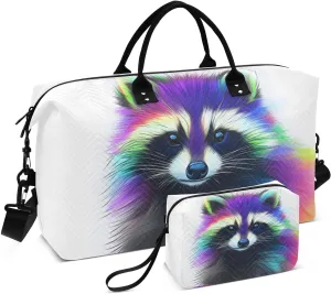 Colorful Raccoon White Duffel Bag for Traveling, Travel Bag Gym Bag, with Multiple Interior Pockets Shoulder Weekender Bag for Women Men with Toiletry Bag 20.5L x 1.9W x 13.8H