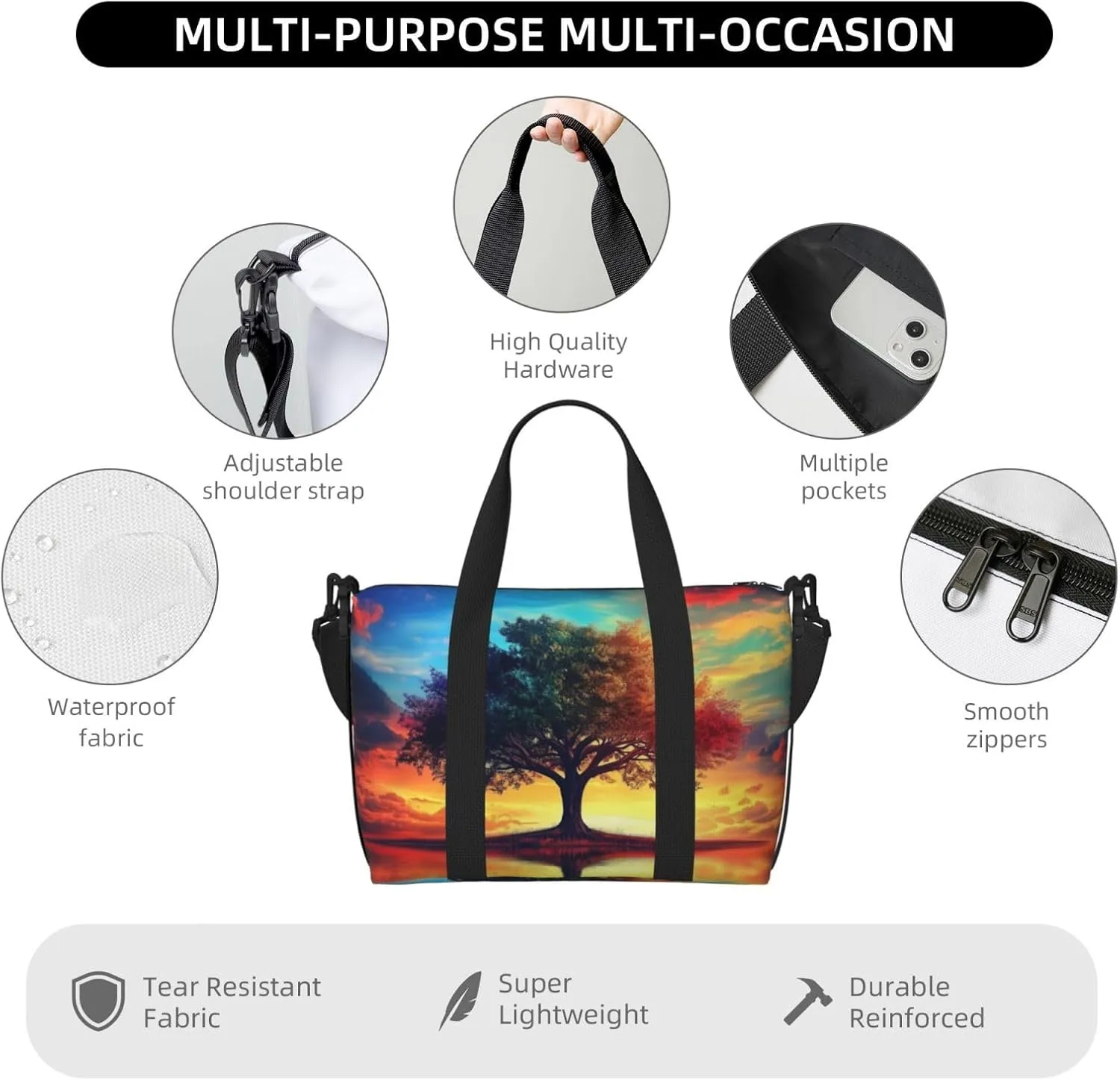 Colorful tree of life art print Travel Duffel Bag, Sports Tote Gym Bag, Swim Pool Bag Large Shoulder Tote Bag for Beach Weekender