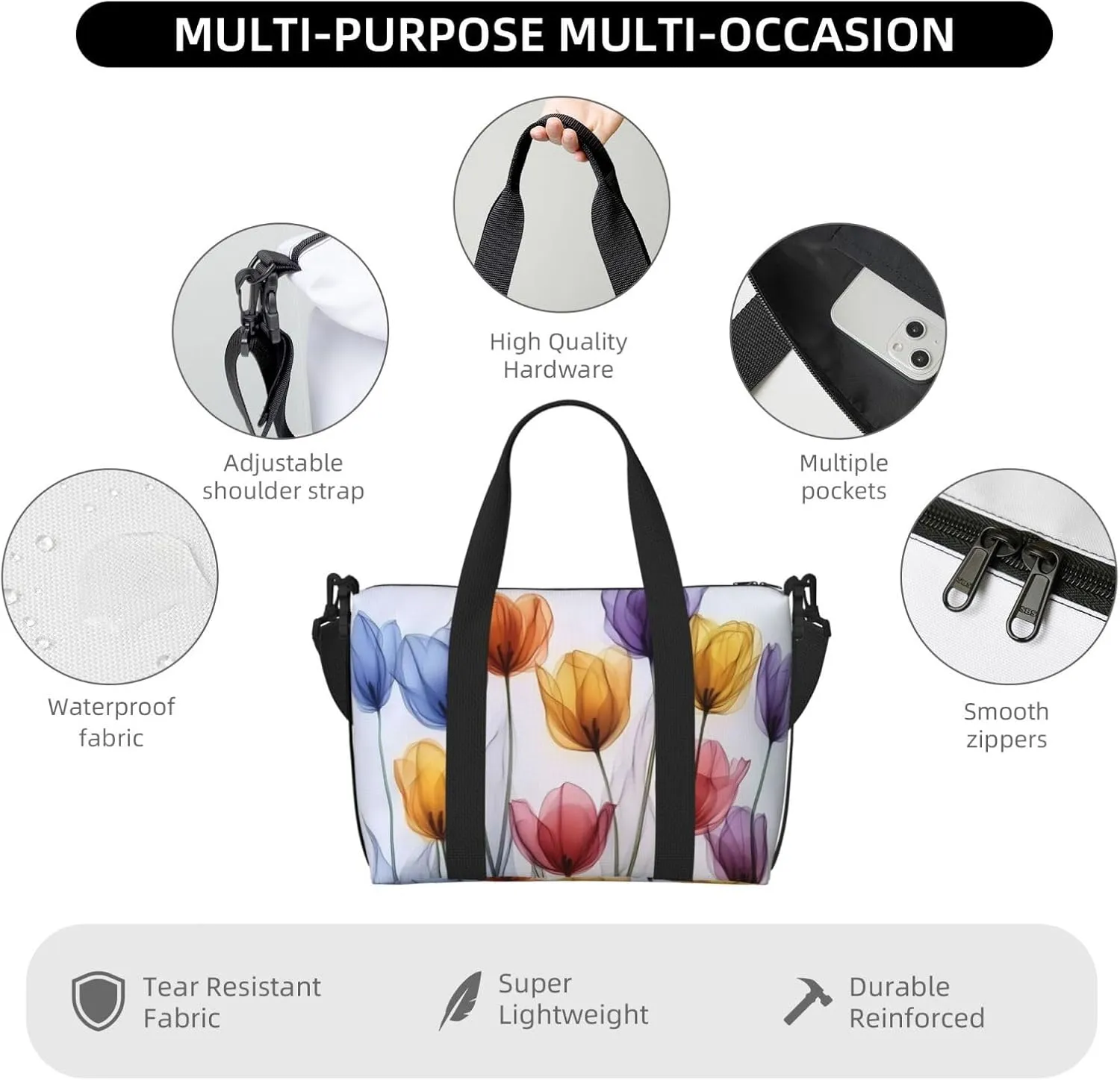 colorful tulips original art print Travel Duffel Bag, Sports Tote Gym Bag, Swim Pool Bag Large Shoulder Tote Bag for Beach Weekender