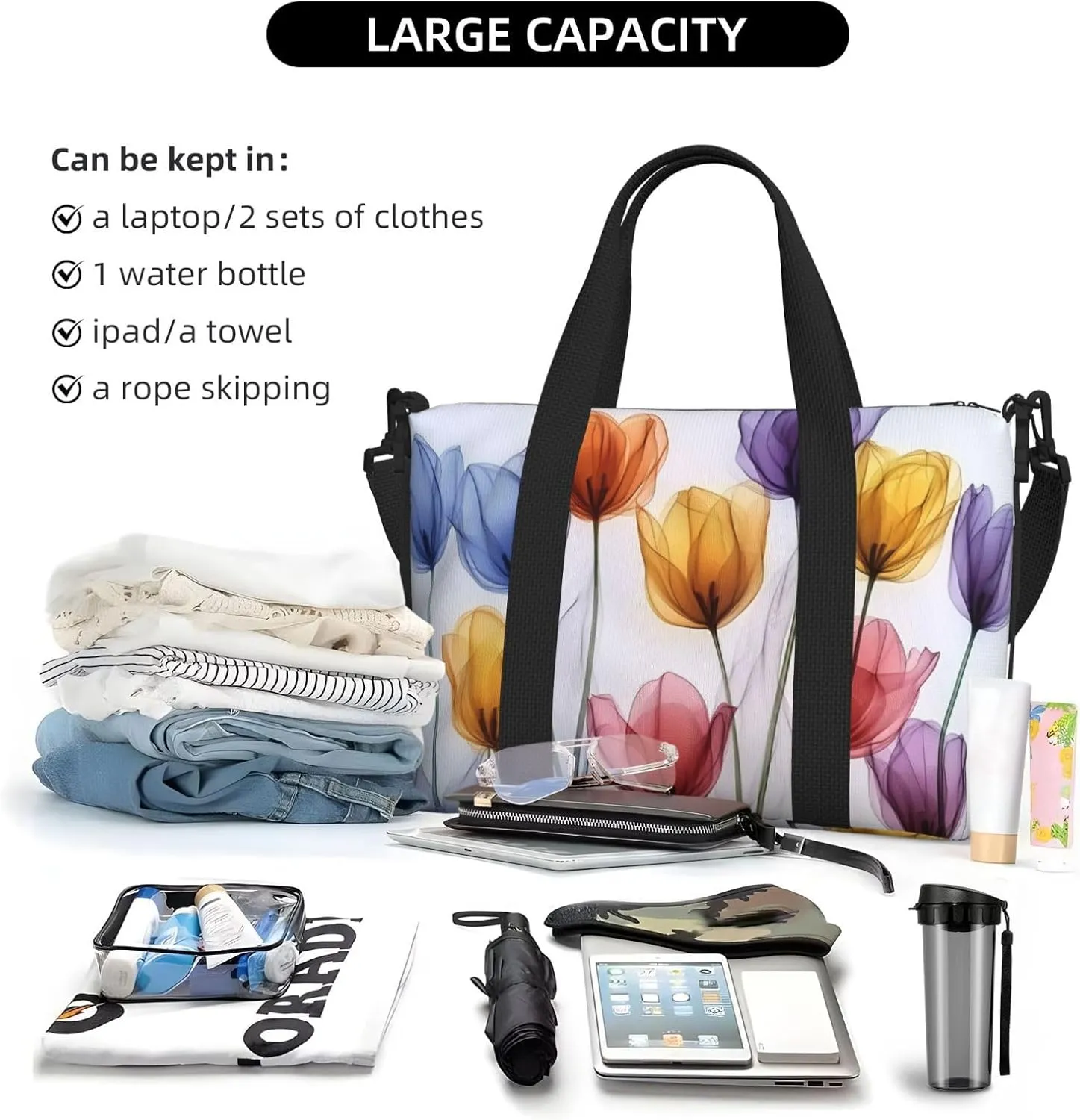 colorful tulips original art print Travel Duffel Bag, Sports Tote Gym Bag, Swim Pool Bag Large Shoulder Tote Bag for Beach Weekender