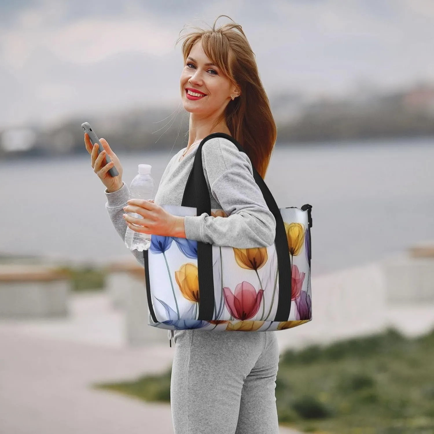 colorful tulips original art print Travel Duffel Bag, Sports Tote Gym Bag, Swim Pool Bag Large Shoulder Tote Bag for Beach Weekender
