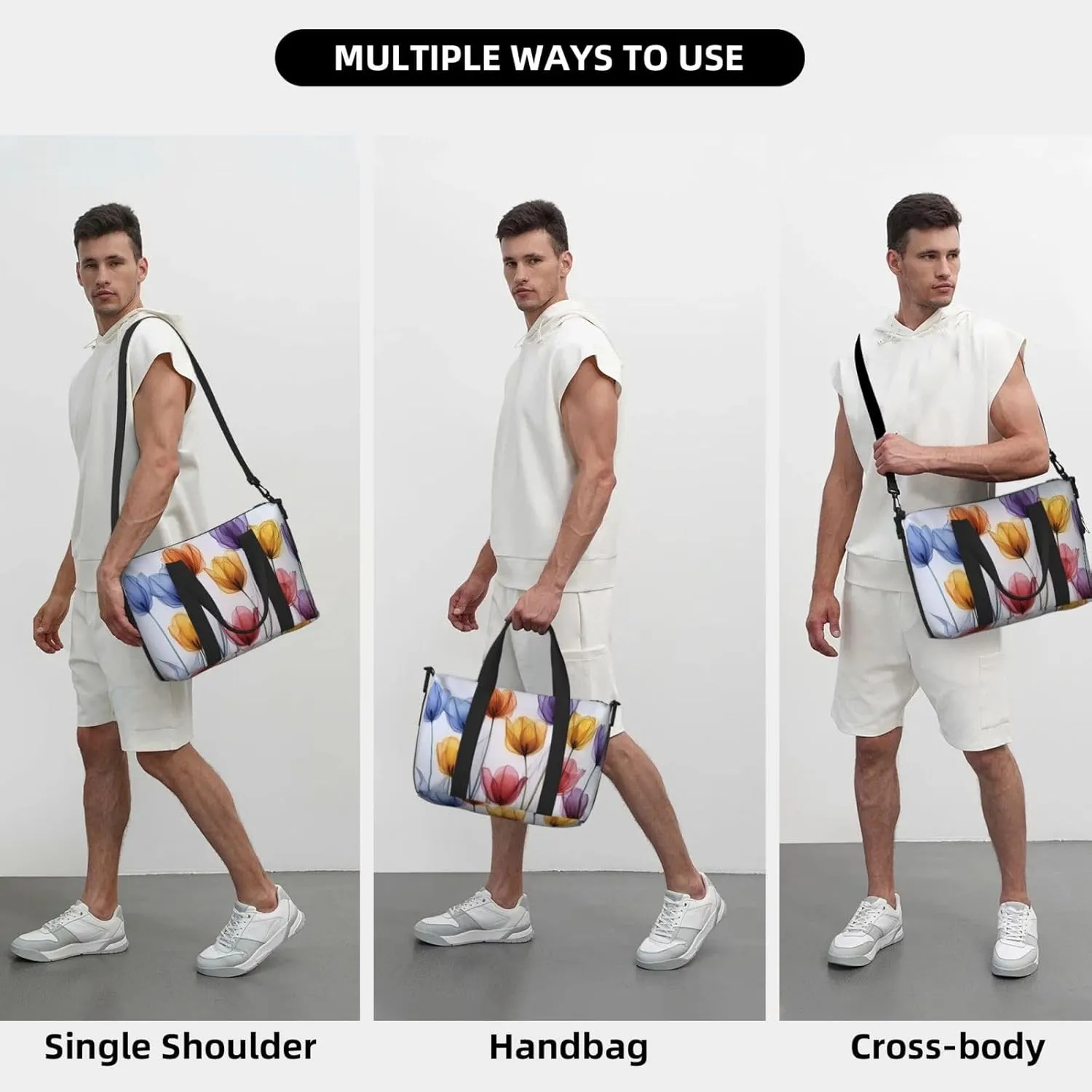 colorful tulips original art print Travel Duffel Bag, Sports Tote Gym Bag, Swim Pool Bag Large Shoulder Tote Bag for Beach Weekender