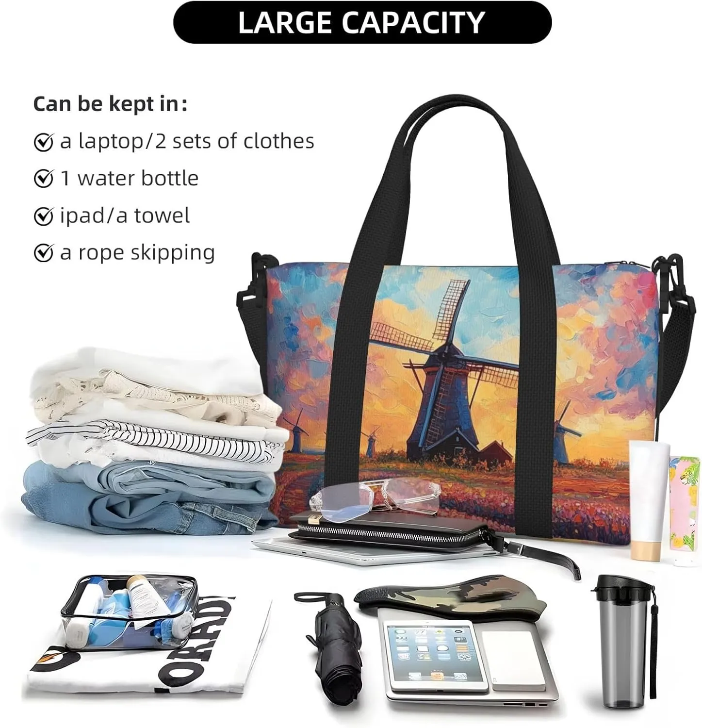 colorful windmill print Travel Duffel Bag, Sports Tote Gym Bag, Swim Pool Bag Large Shoulder Tote Bag for Beach Weekender