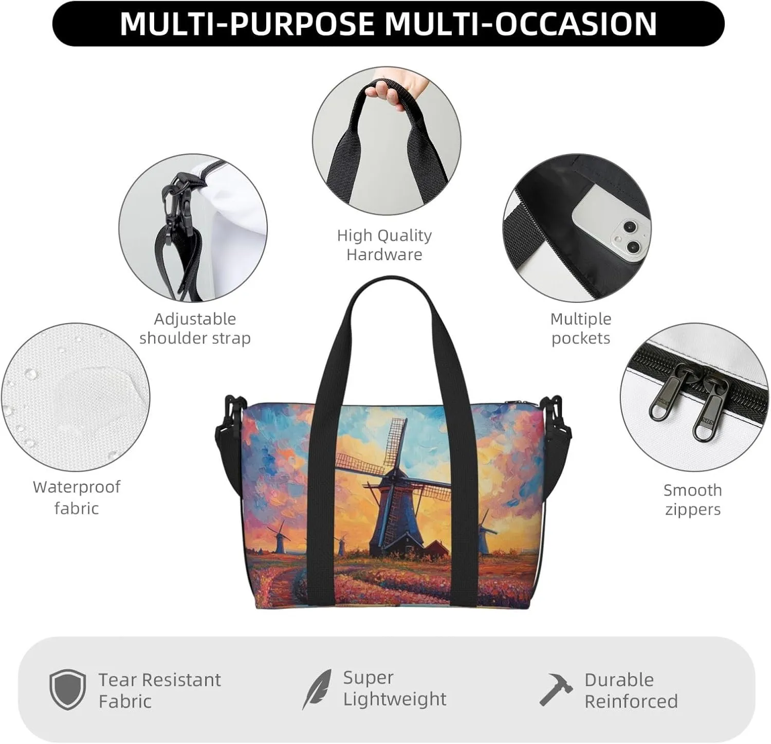 colorful windmill print Travel Duffel Bag, Sports Tote Gym Bag, Swim Pool Bag Large Shoulder Tote Bag for Beach Weekender