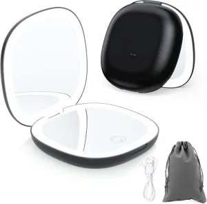 Compact Travel Makeup Mirror，1X/10X Magnifying Double Sided 3 Colours & Brightness Dimmable USB Rechargeable Touch Screen Portable LED Cosmetic Mirror for Travel/Purse/Office,Black