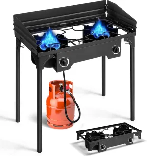 Compatible with 150000 BTU Powerful Double Outdoor Camping Propane Stove with Windscreen