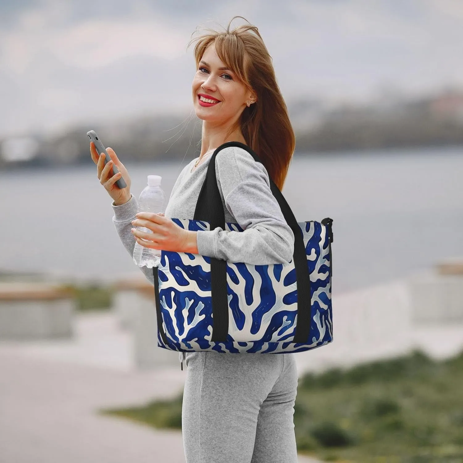 coral blue white art. print Travel Duffel Bag, Sports Tote Gym Bag, Swim Pool Bag Large Shoulder Tote Bag for Beach Weekender