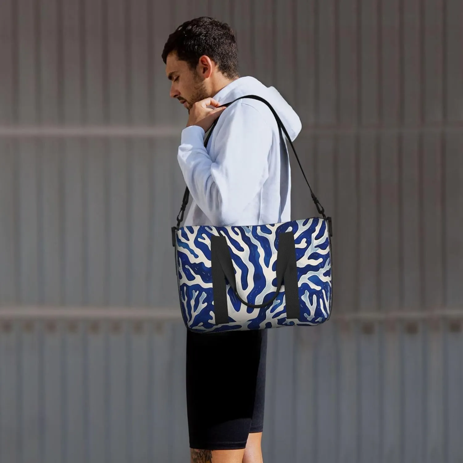 coral blue white art. print Travel Duffel Bag, Sports Tote Gym Bag, Swim Pool Bag Large Shoulder Tote Bag for Beach Weekender