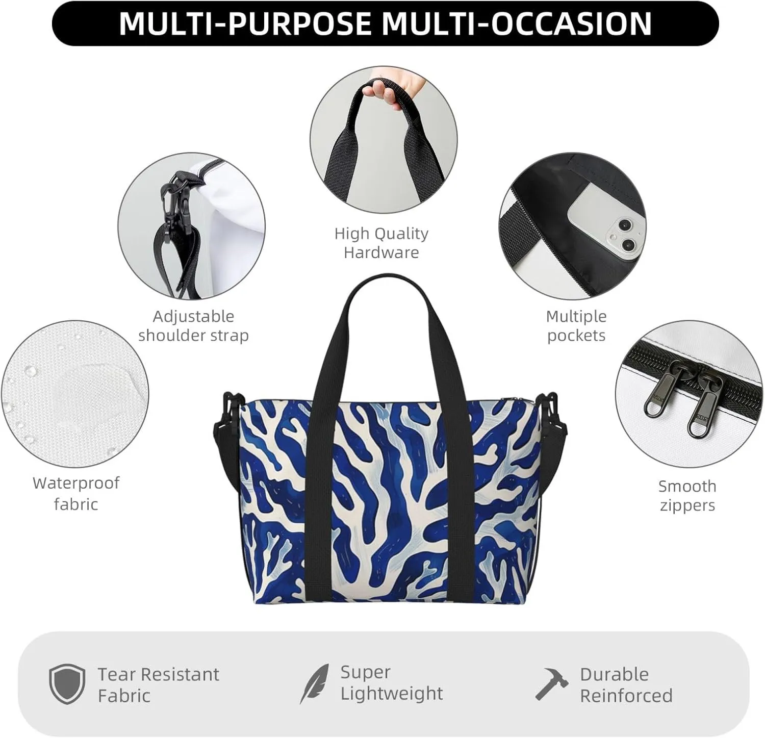 coral blue white art. print Travel Duffel Bag, Sports Tote Gym Bag, Swim Pool Bag Large Shoulder Tote Bag for Beach Weekender