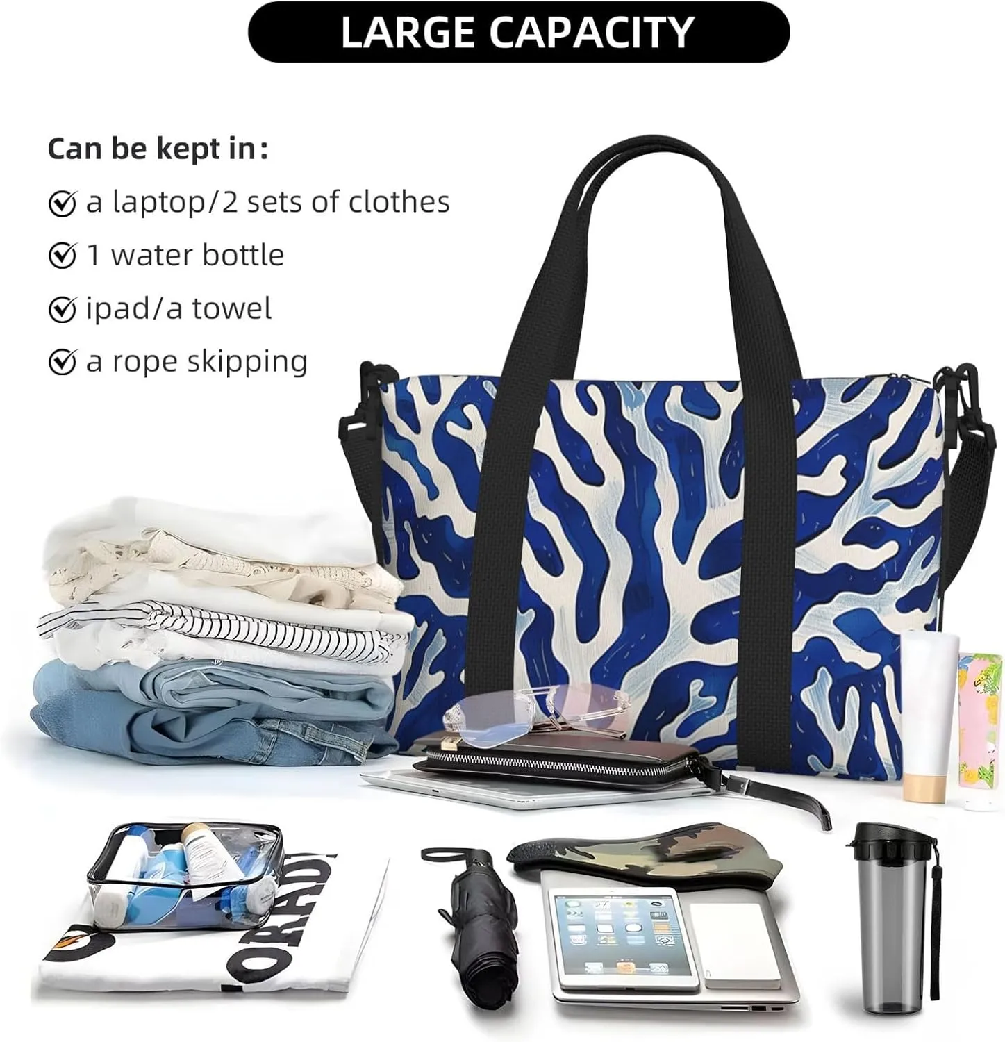 coral blue white art. print Travel Duffel Bag, Sports Tote Gym Bag, Swim Pool Bag Large Shoulder Tote Bag for Beach Weekender