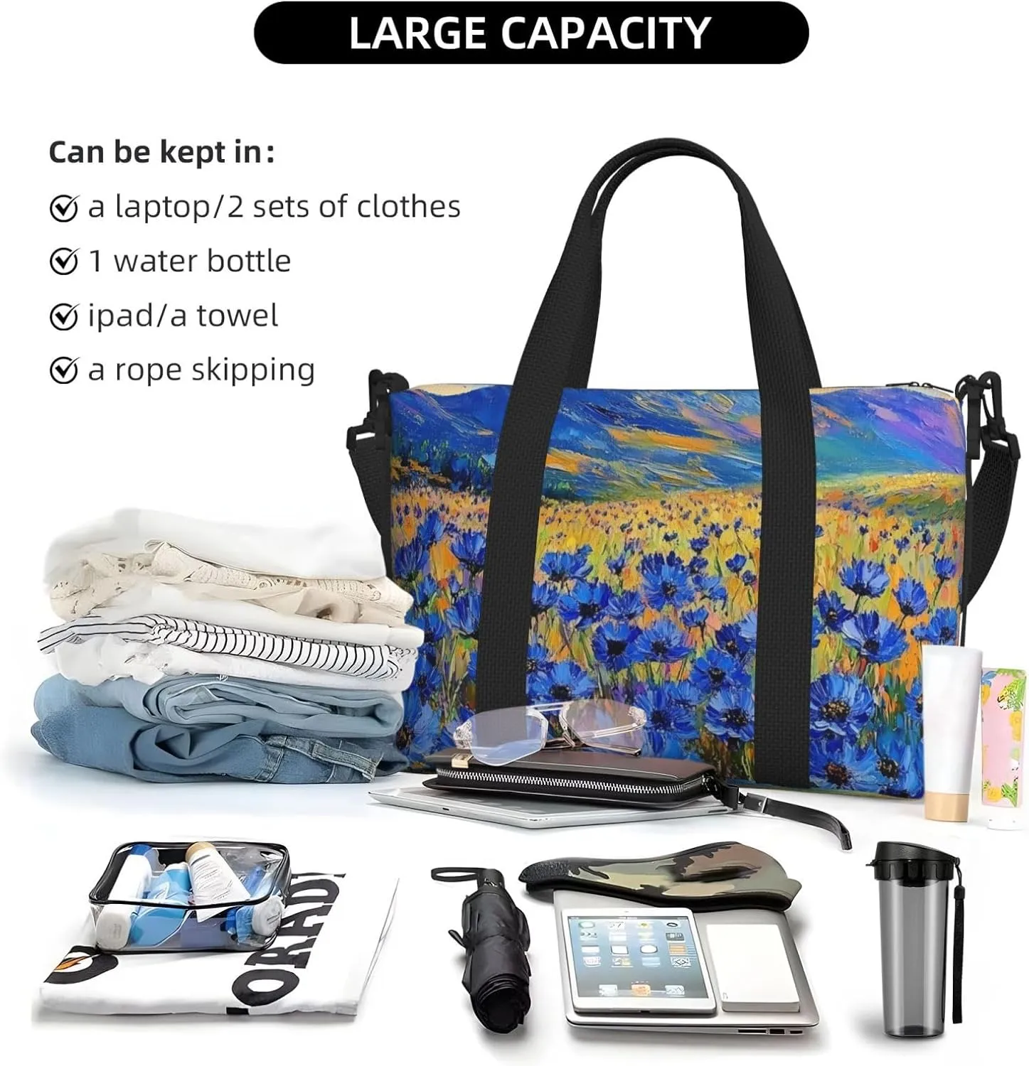 cornflowers bloom print Travel Duffel Bag, Sports Tote Gym Bag, Swim Pool Bag Large Shoulder Tote Bag for Beach Weekender