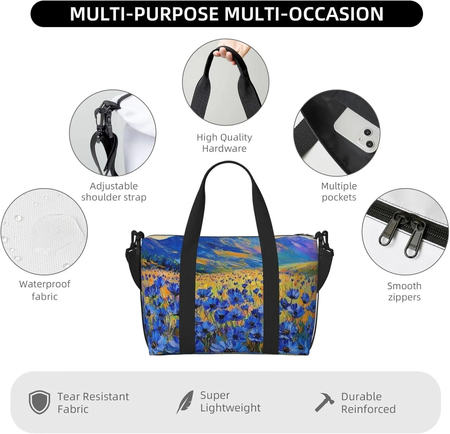 cornflowers bloom print Travel Duffel Bag, Sports Tote Gym Bag, Swim Pool Bag Large Shoulder Tote Bag for Beach Weekender