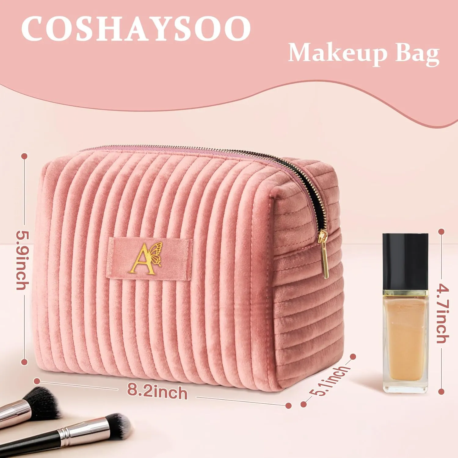 COSHAYSOO Bridesmaid Proposal Engagement Gifts Bridal Shower Bachelorette Party Favors Makeup Bag Quilted Make Up Cosmetic Pouch for Bride to Be Maid of Honor Godmother Dusty Pink Initial Letter A