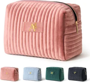 COSHAYSOO Bridesmaid Proposal Engagement Gifts Bridal Shower Bachelorette Party Favors Makeup Bag Quilted Make Up Cosmetic Pouch for Bride to Be Maid of Honor Godmother Dusty Pink Initial Letter A