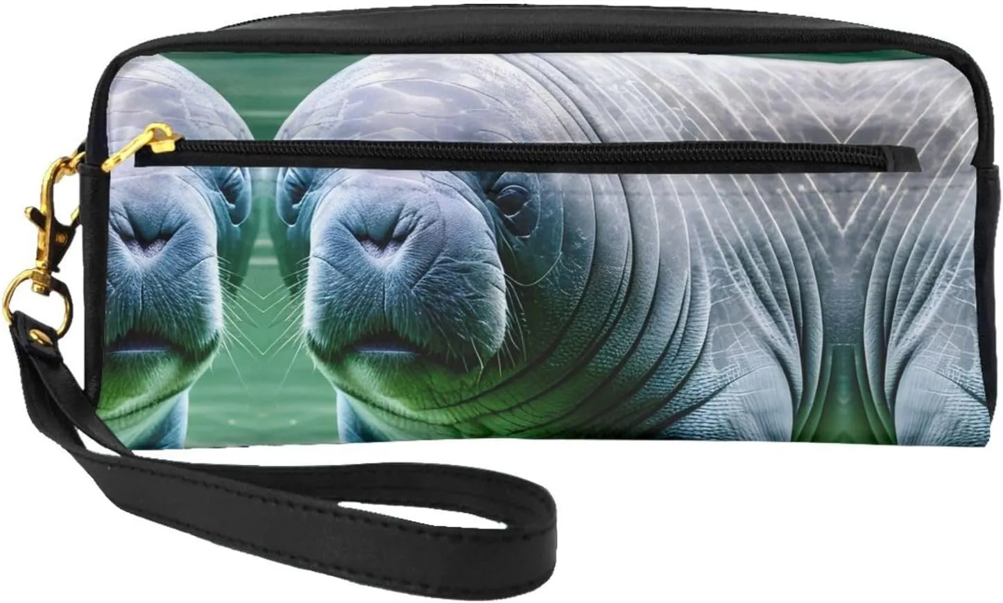 Cosmetic Makeup Bag â€“ Manatee Animals Calf Print Leather Small Makeup Bag for Travel, Toiletry Organizer with Zipper Pouch