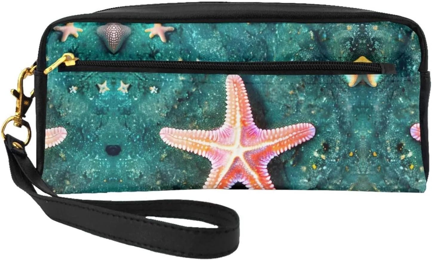 Cosmetic Makeup Bag â€“ Seawater Seashell Starfish Print Leather Small Makeup Bag for Travel, Toiletry Organizer with Zipper Pouch