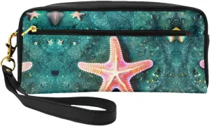 Cosmetic Makeup Bag â€“ Seawater Seashell Starfish Print Leather Small Makeup Bag for Travel, Toiletry Organizer with Zipper Pouch