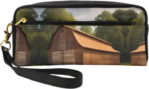 Cosmetic Makeup Bag â€“ Wooden Barn Countryside Print Leather Small Makeup Bag for Travel, Toiletry Organizer with Zipper Pouch